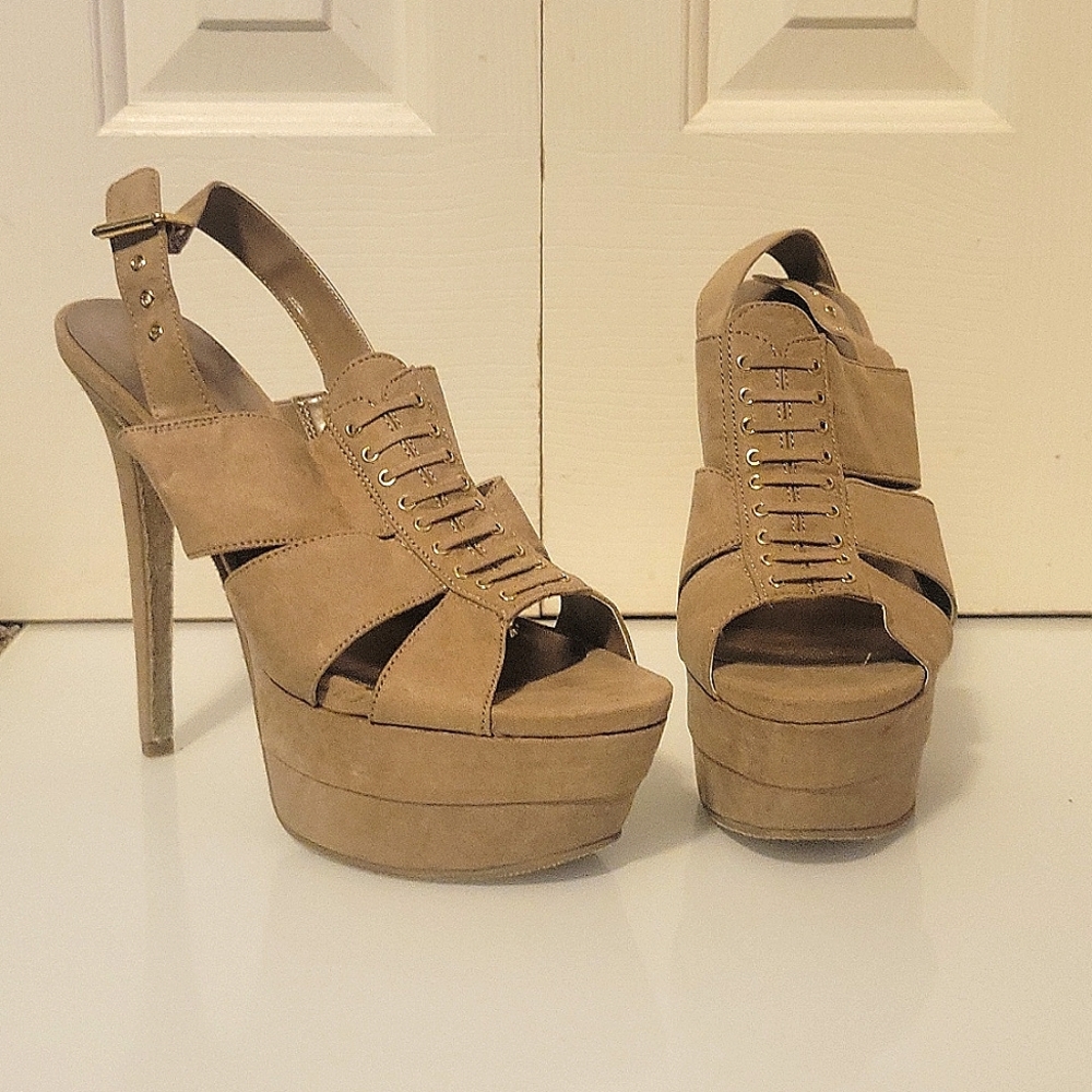 JustFab camel colored platform heels